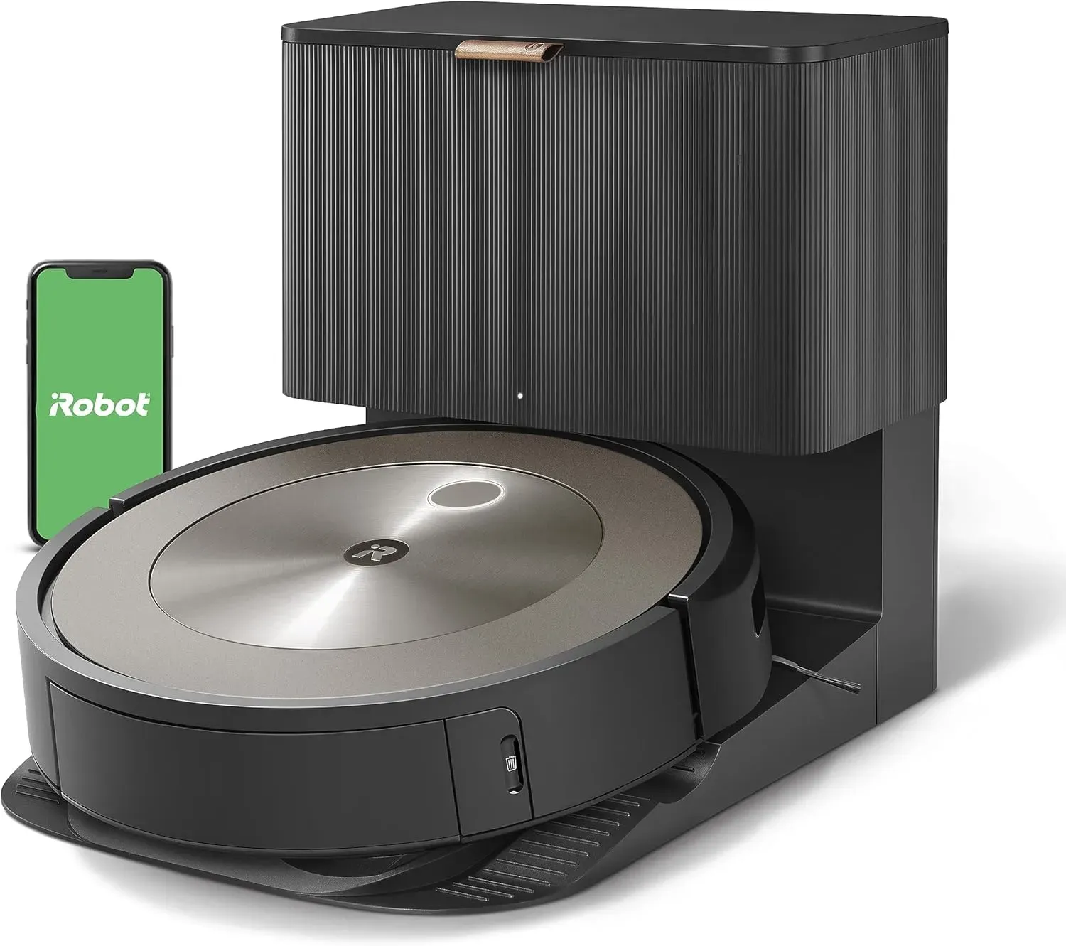 iRobot Roomba j9+ self-emptying robot vacuum on hardwood floor next to charging dock