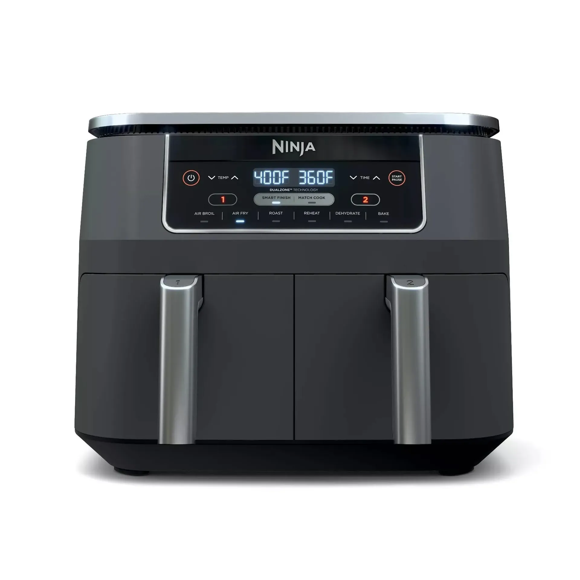 Ninja DZ201 dual basket air fryer on kitchen counter showing two independent cooking zones