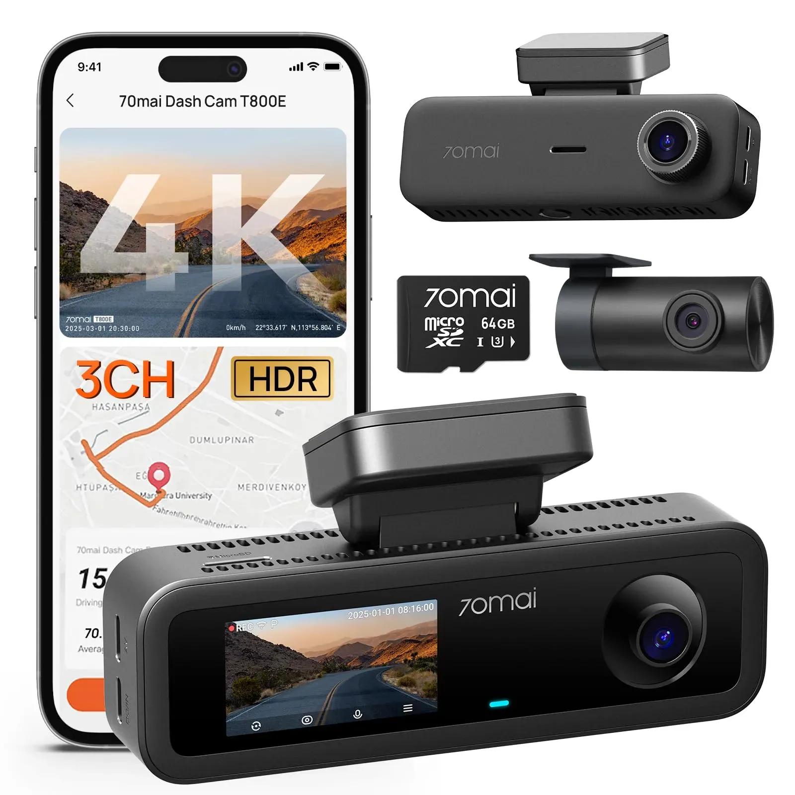 70mai T800E dash cam triple camera system with front, rear, and interior lenses on car windshield