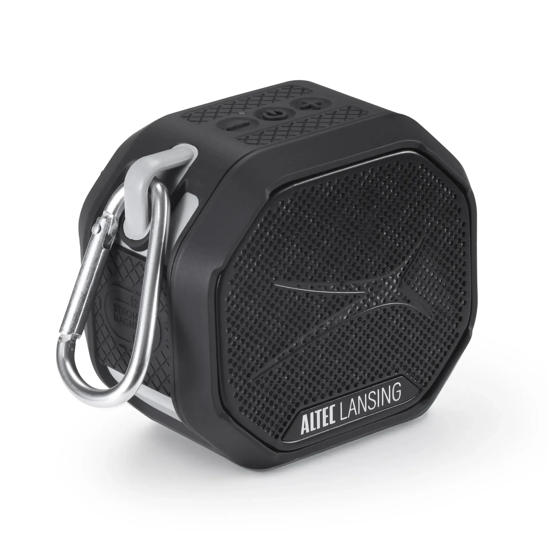 Altec Lansing HYDRATREK magnetic waterproof Bluetooth speaker mounted on metal toolbox
