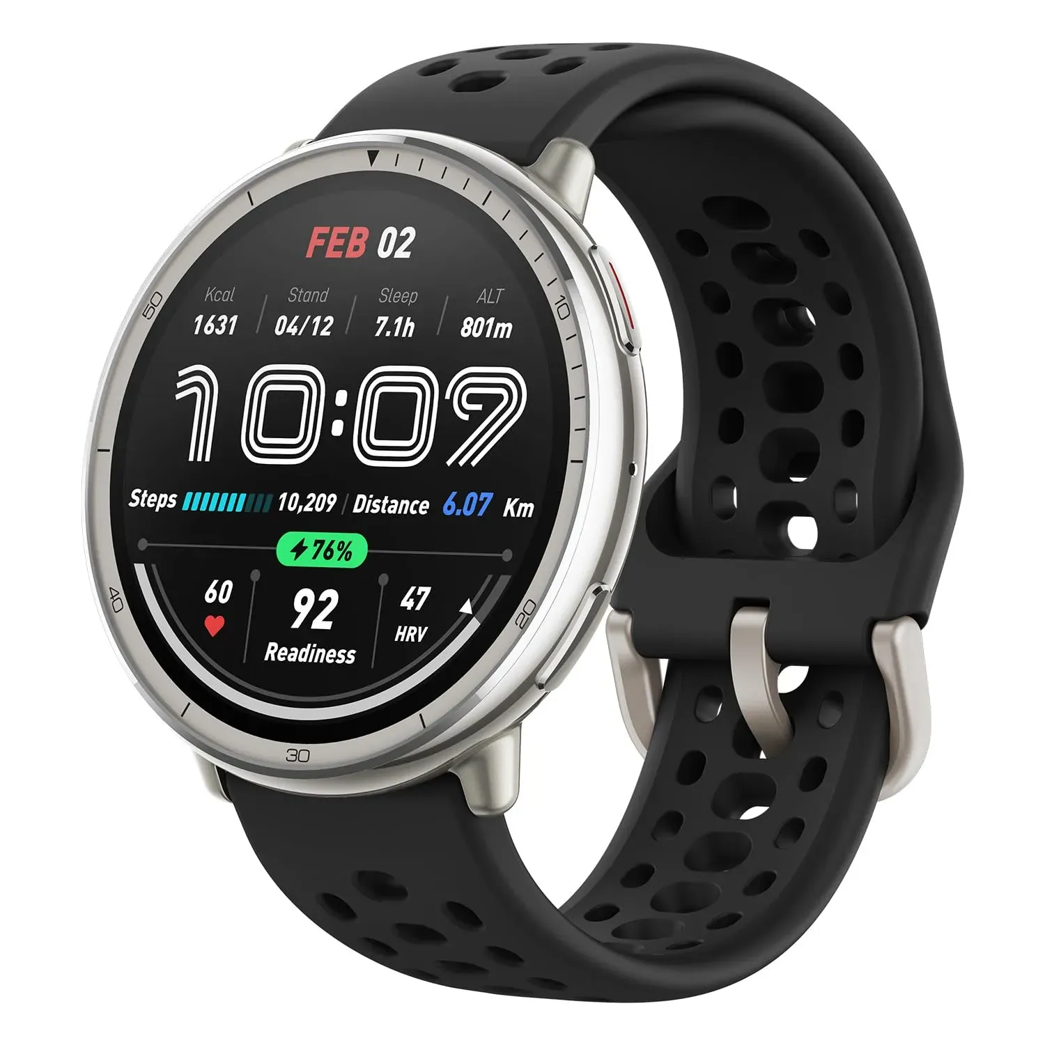 Amazfit Active 2 Sport smartwatch with stainless steel bezel and AMOLED display showing fitness metrics