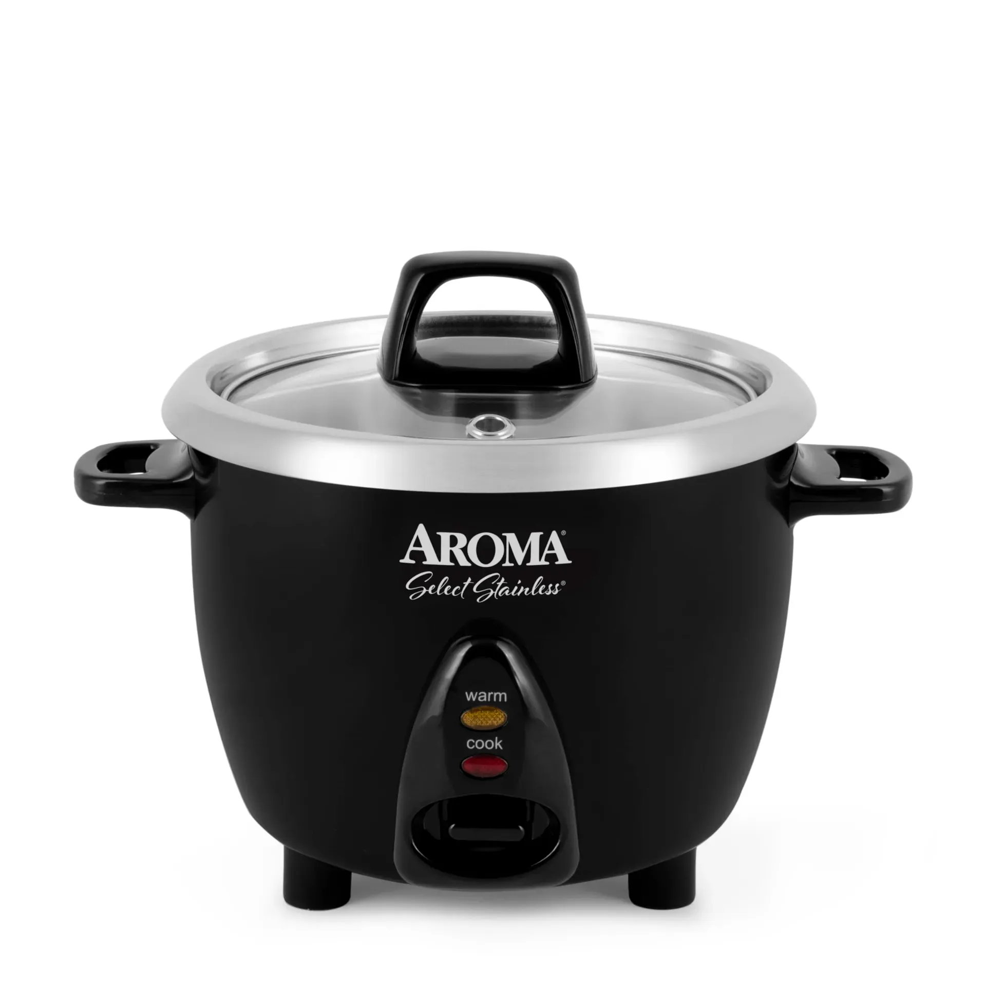 Aroma ARC-753SGB rice cooker with stainless steel uncoated inner pot on kitchen counter