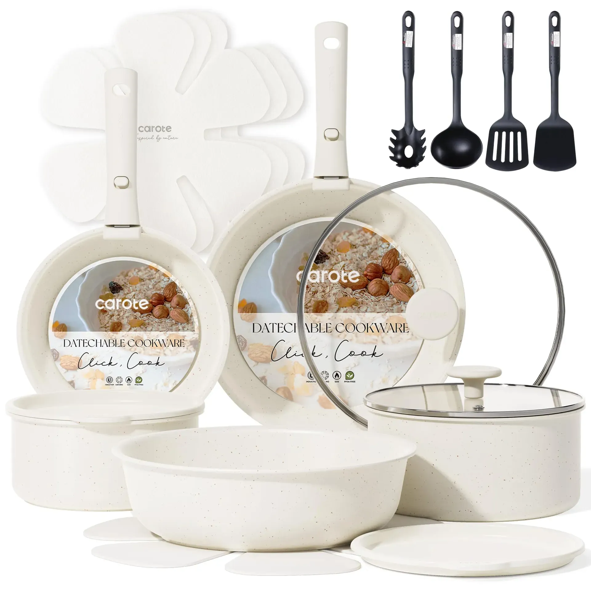 CAROTE 19-Piece Nonstick Cookware Set with detachable handles in small kitchen