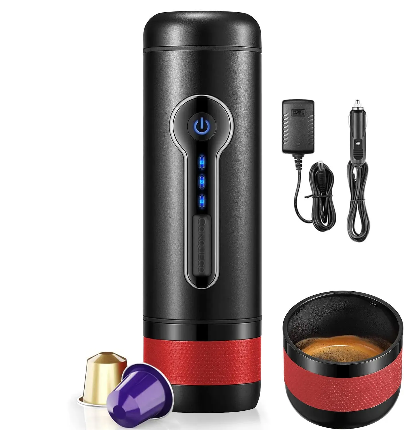 CONQUECO 12V portable espresso machine with rechargeable battery and car charger