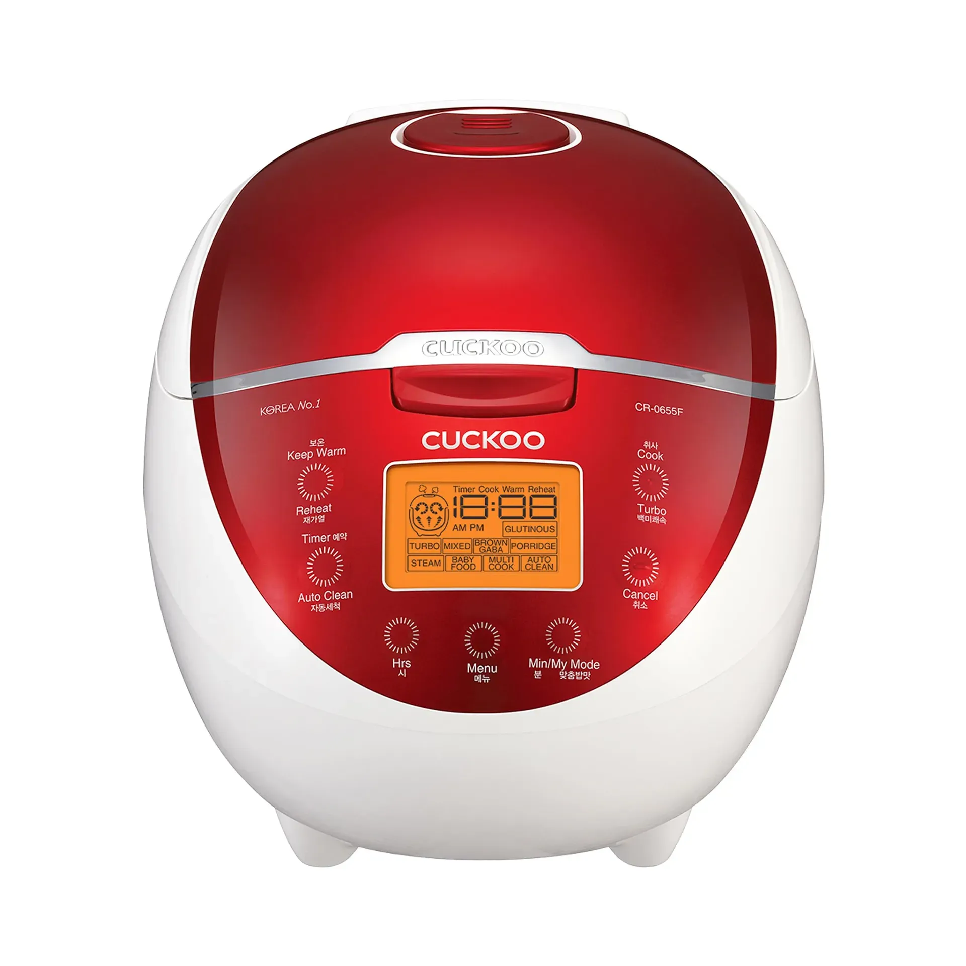 Cuckoo CR-0655F Micom rice cooker in red and white design with digital panel