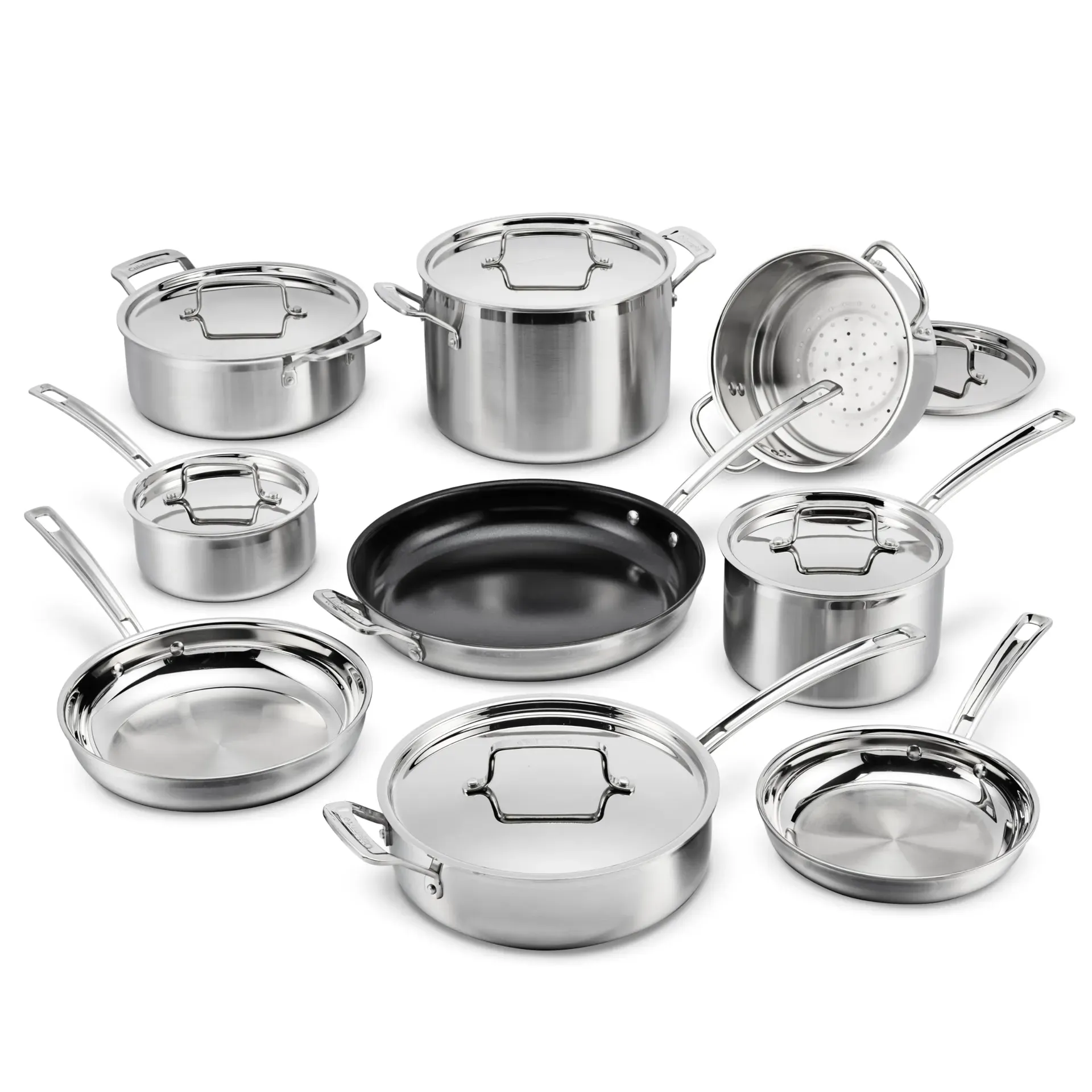 Cuisinart MultiClad Pro 15-Piece Stainless Steel Cookware Set on kitchen counter