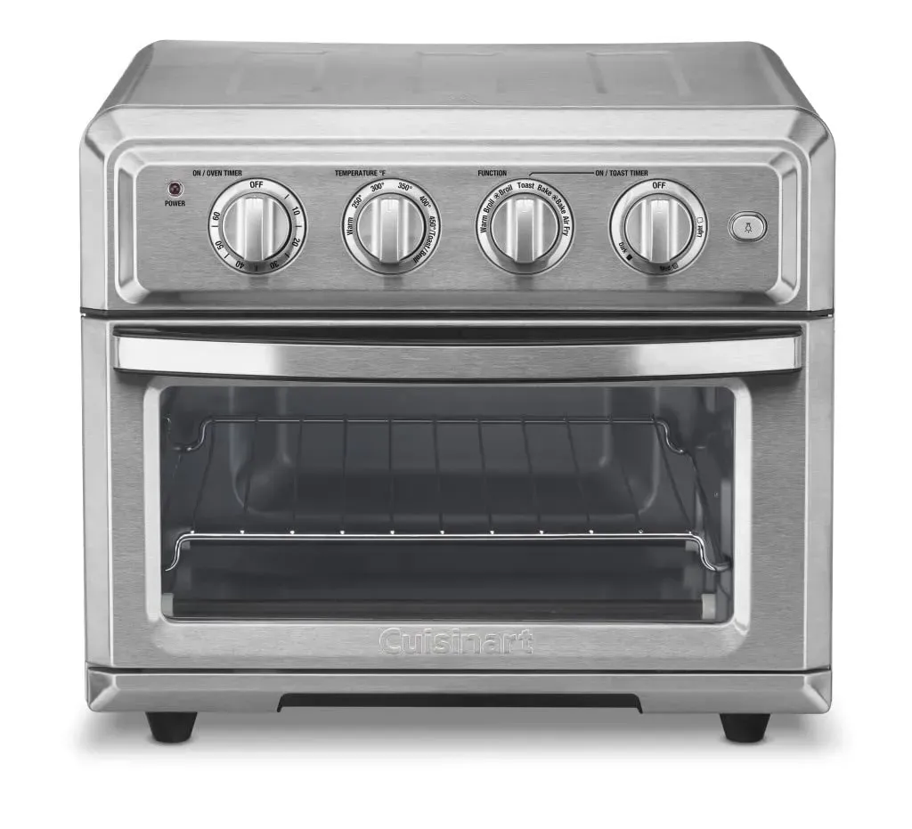 Cuisinart TOA-60 7-in-1 air fryer toaster oven in stainless steel with analog dial controls