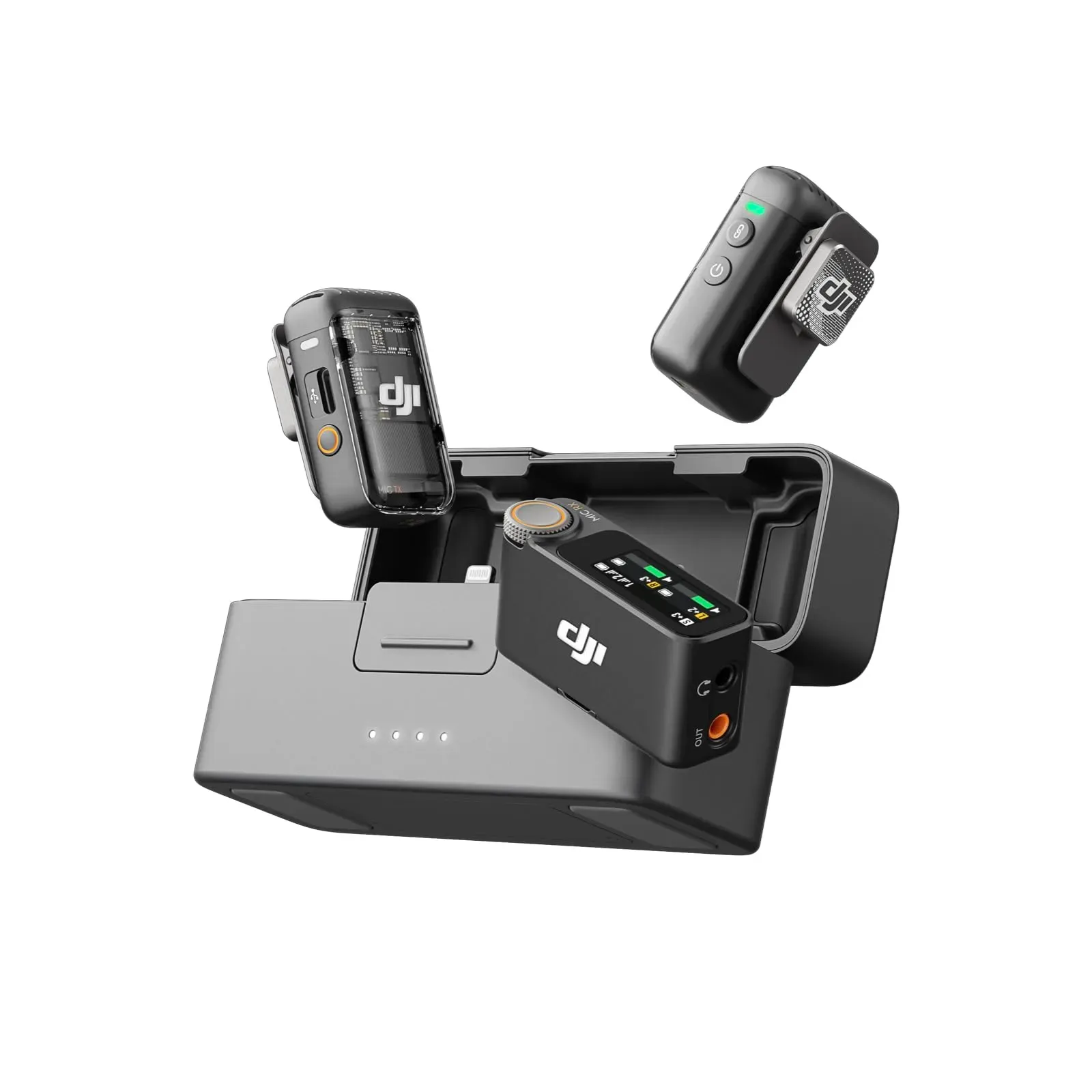 DJI Mic 2 wireless microphone system with two transmitters and charging case