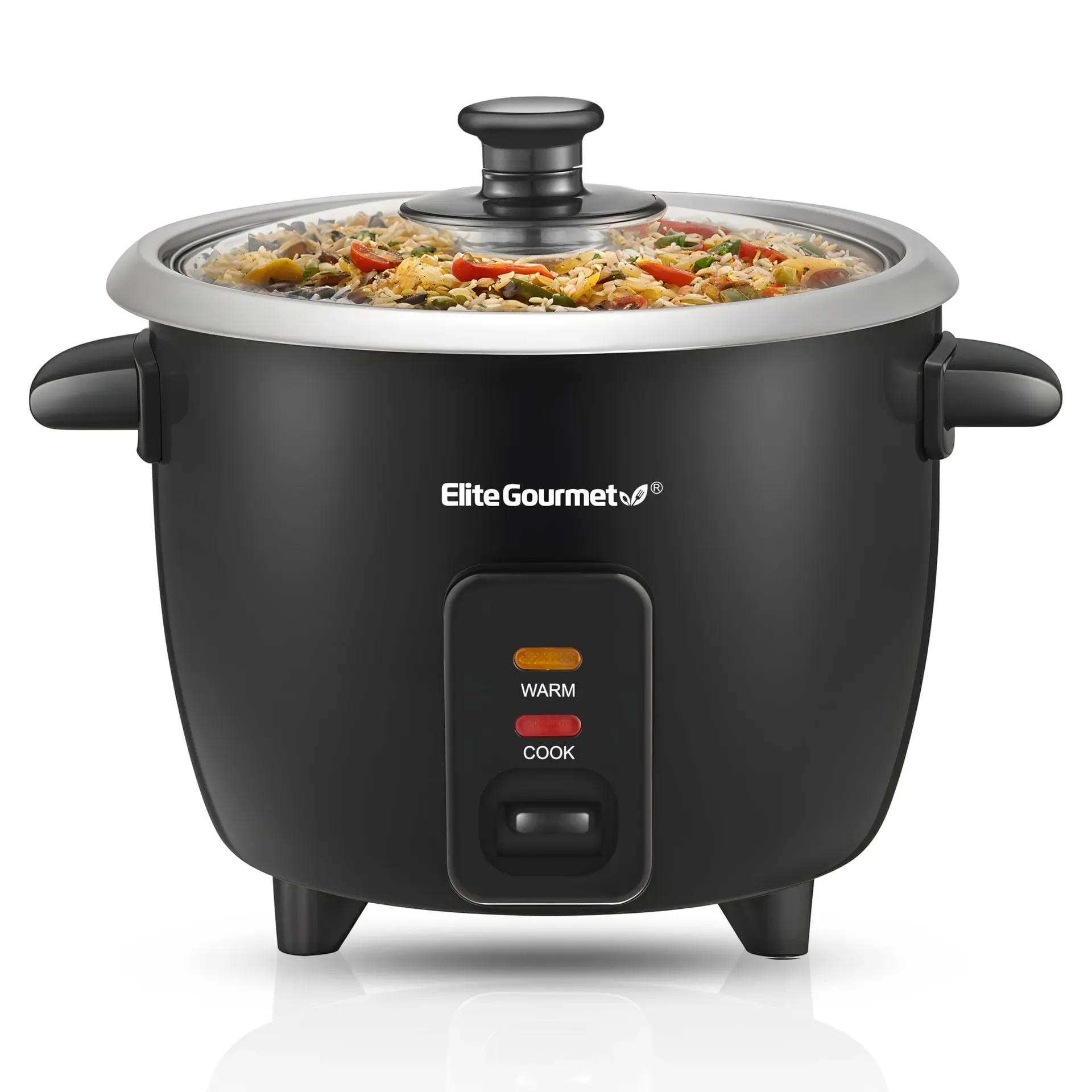Elite Gourmet ERC003BX electric rice cooker with glass lid and black exterior