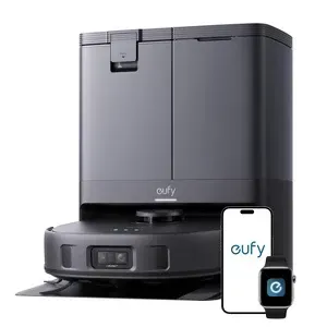 eufy X10 Pro Omni robot vacuum with self-cleaning station in modern living room