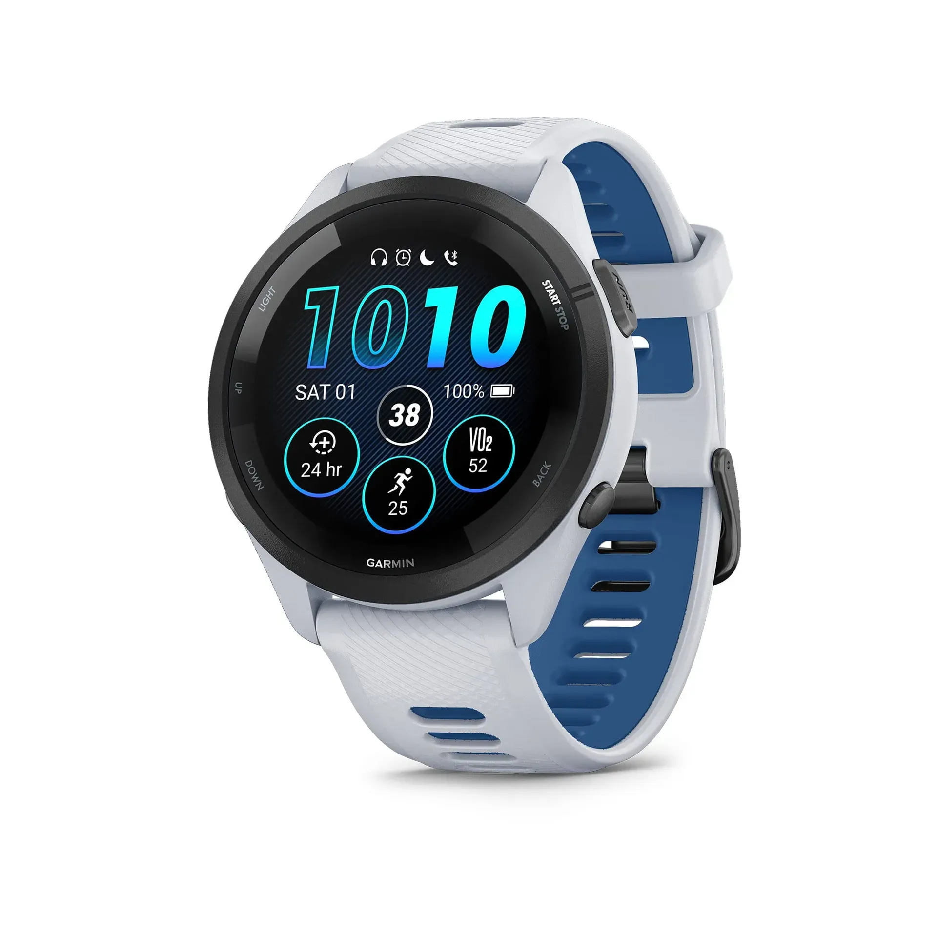 Garmin Forerunner 265 with colorful AMOLED display showing running metrics