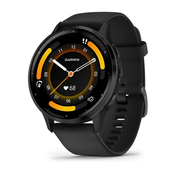 Garmin Venu 3 GPS smartwatch with AMOLED display showing Body Battery metric on silicone band