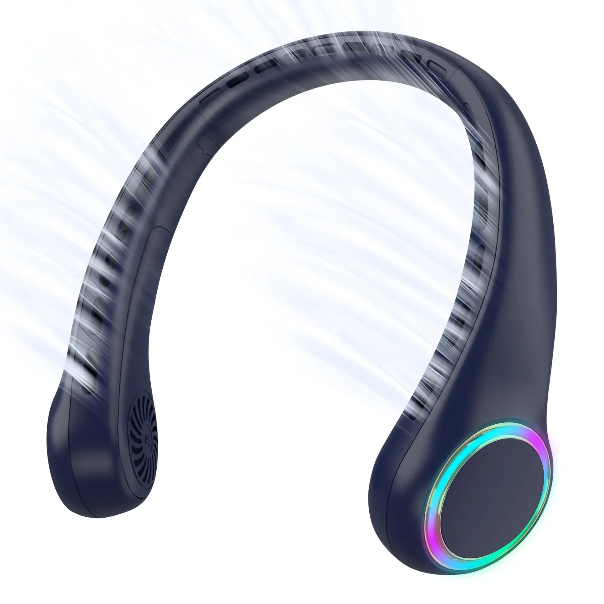 GULAKI neck fan displaying colorful LED lights for nighttime visibility