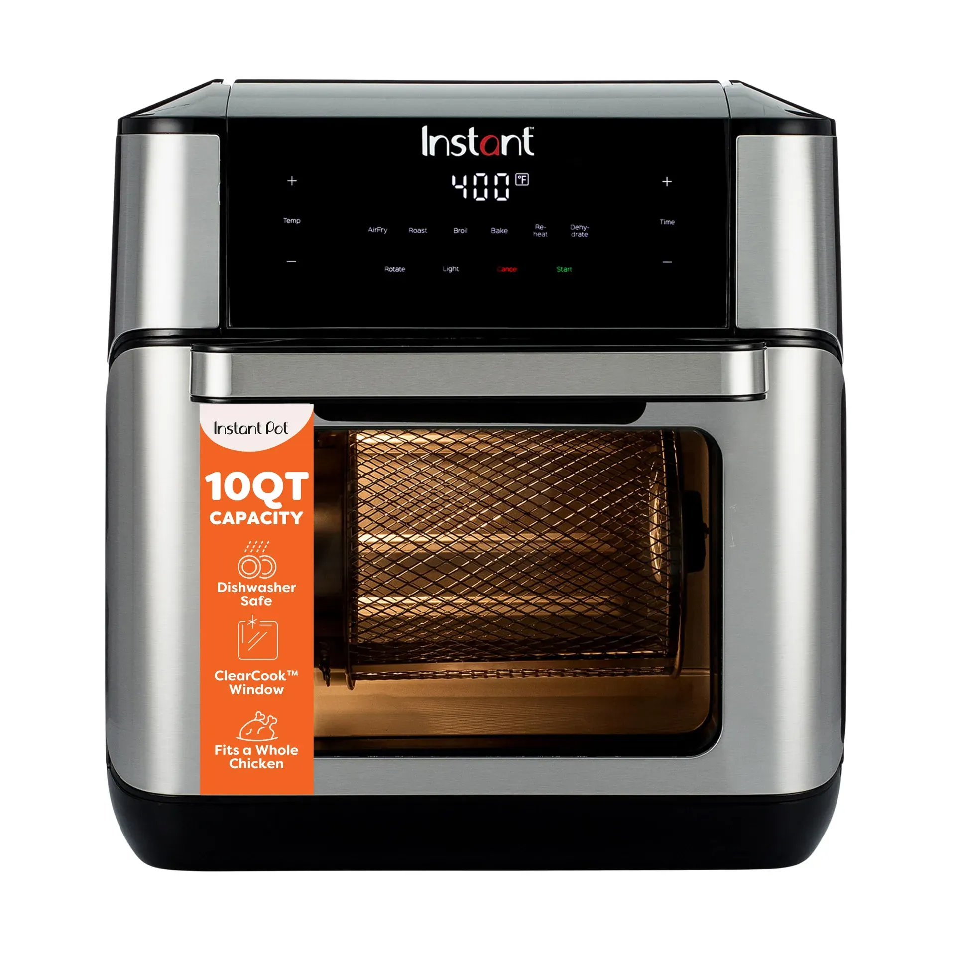 Instant Pot Vortex Plus 10-quart air fryer oven with viewing window and rotisserie accessories