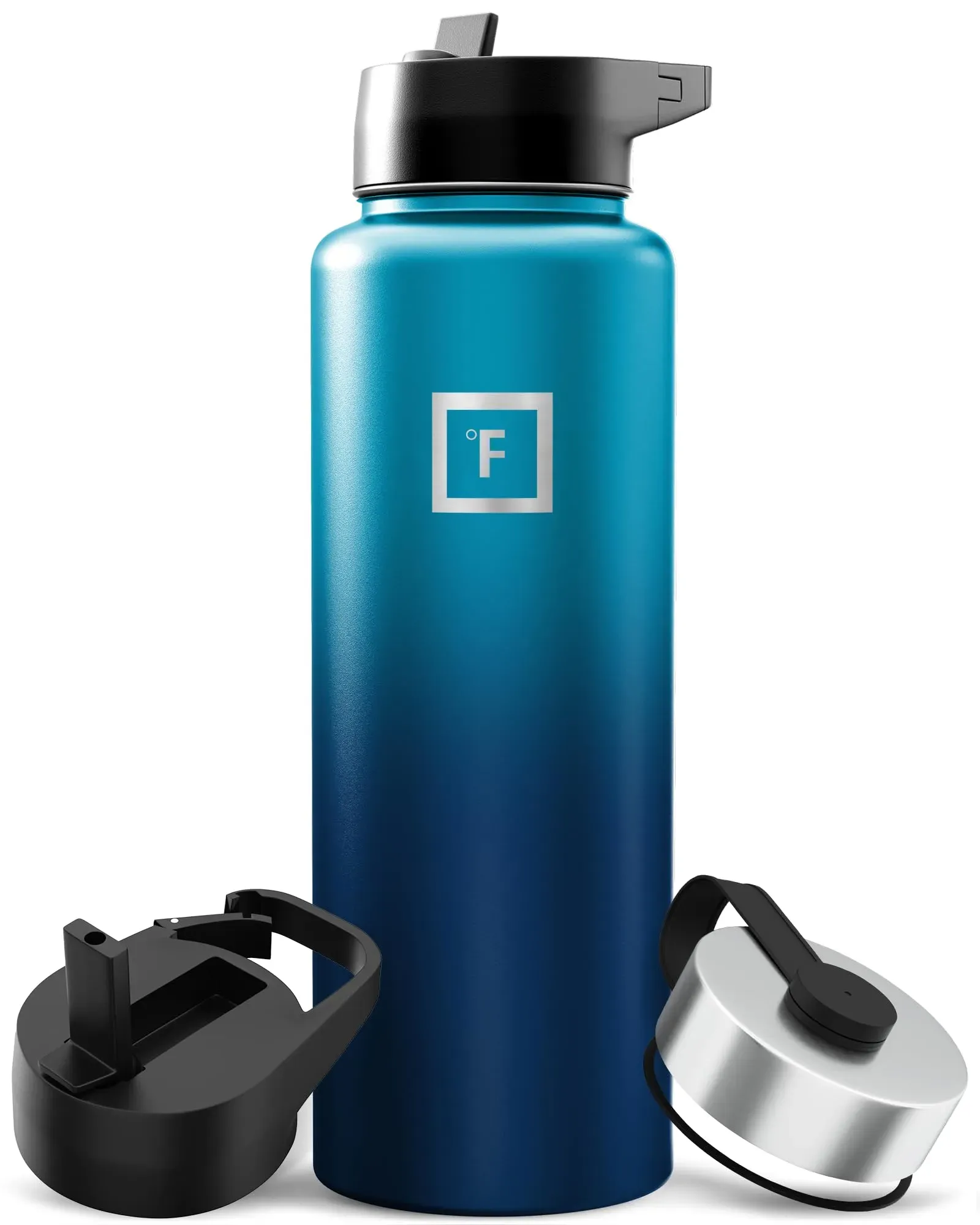 Iron Flask 32 oz insulated water bottle with three different lids displayed