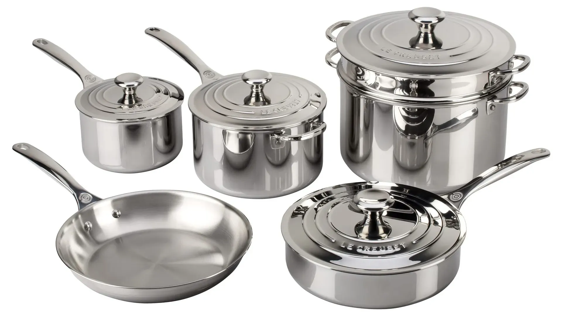 Le Creuset Tri-Ply Stainless Steel 10-Piece Cookware Set with mirror finish