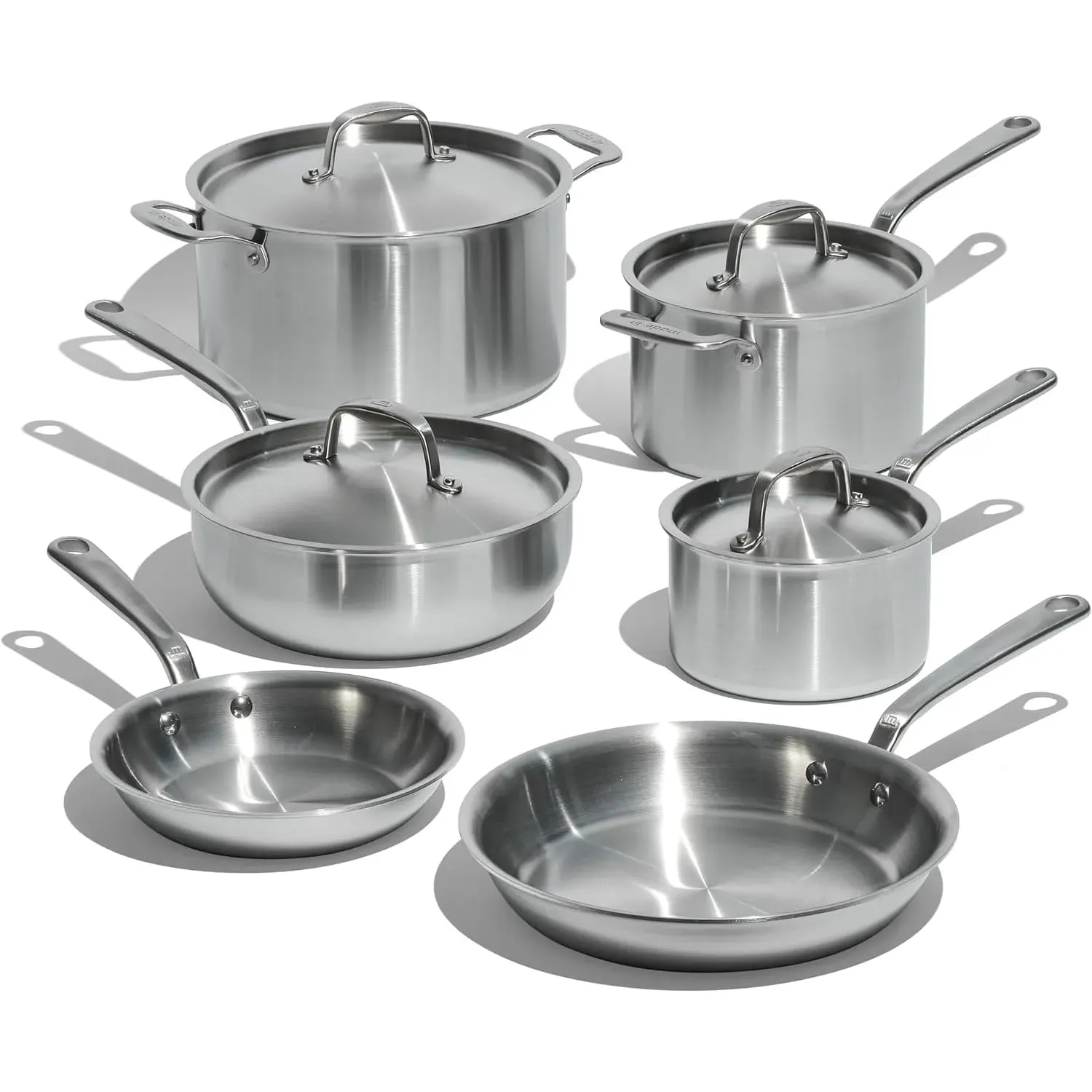 Made In 10-Piece Stainless Steel Cookware Set with silver finish on stovetop
