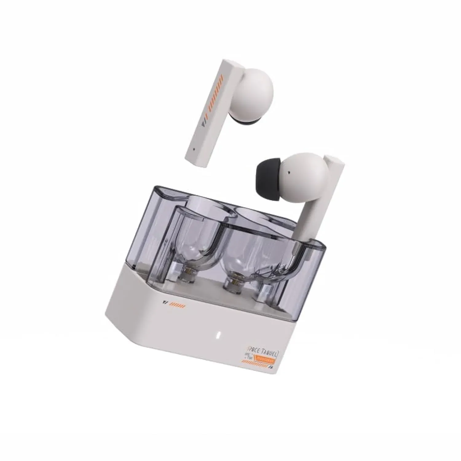 Moondrop Space Travel wireless earbuds in transparent charging case