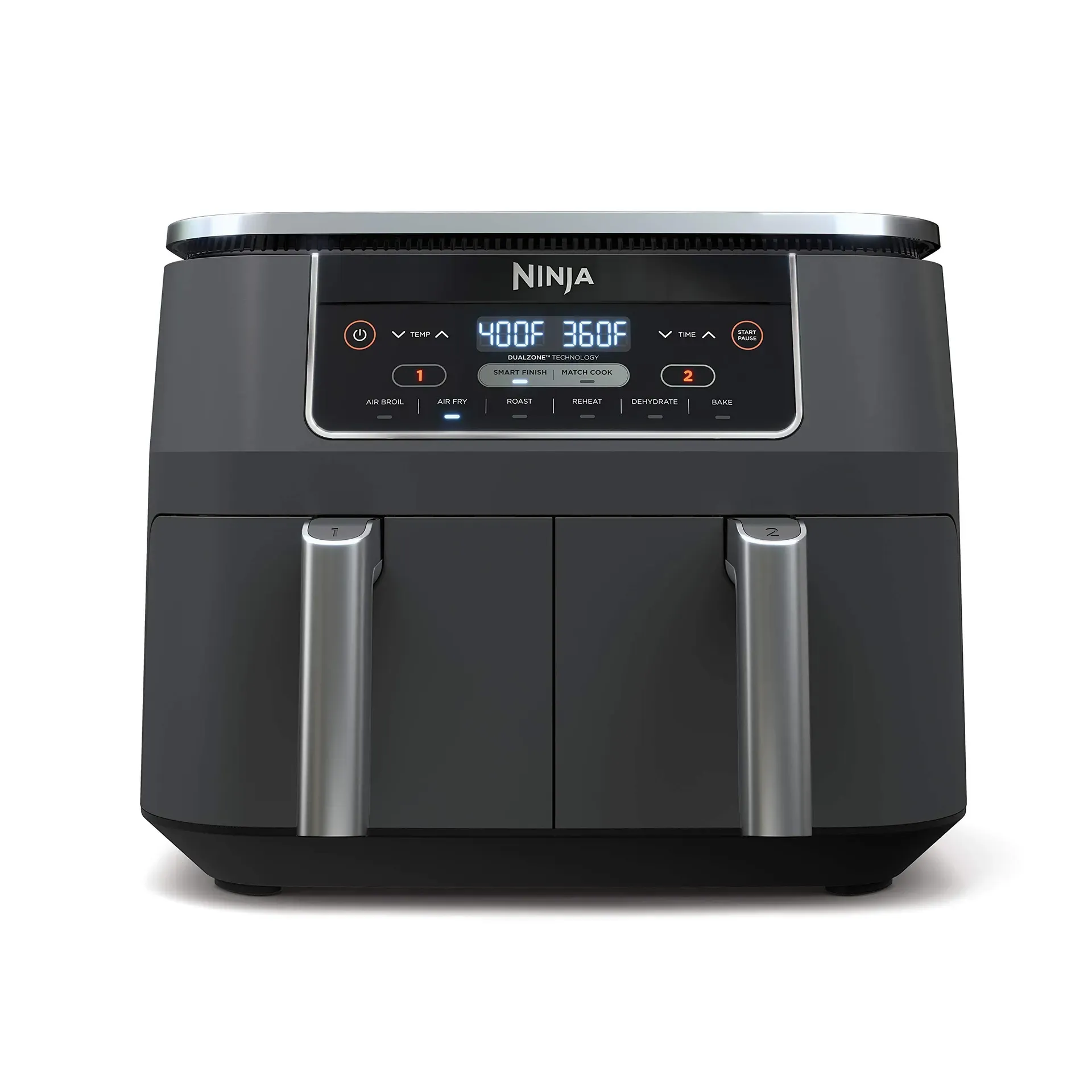 Ninja DZ201 Foodi 8-quart dual-basket air fryer on a kitchen counter with two independent cooking zones
