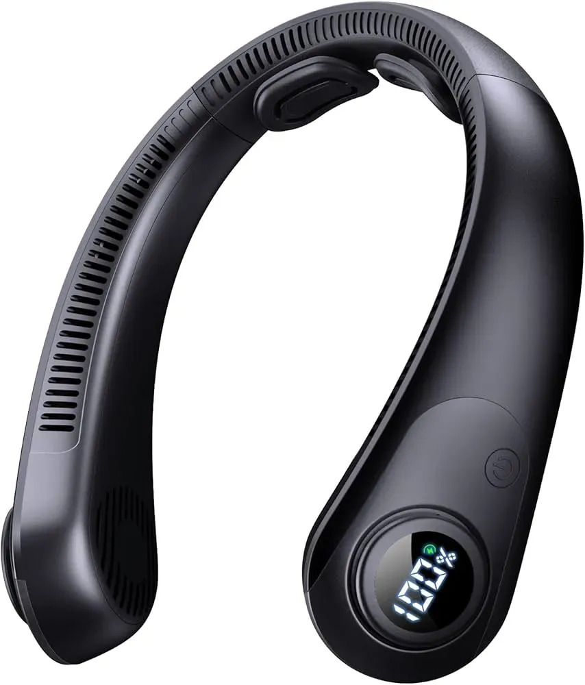 Penkou neck fan displaying LED screen showing battery percentage and speed