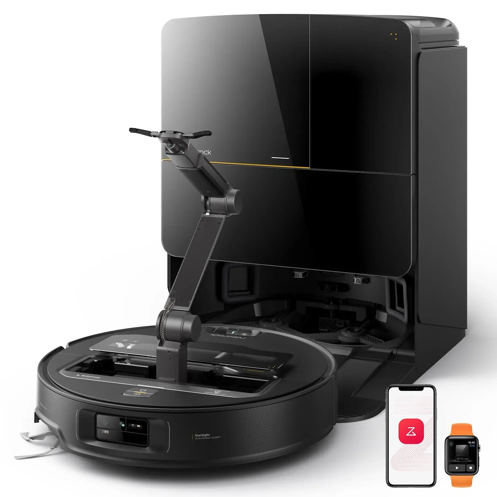 roborock Saros Z70 robot vacuum with OmniGrip mechanical arm lifting sock