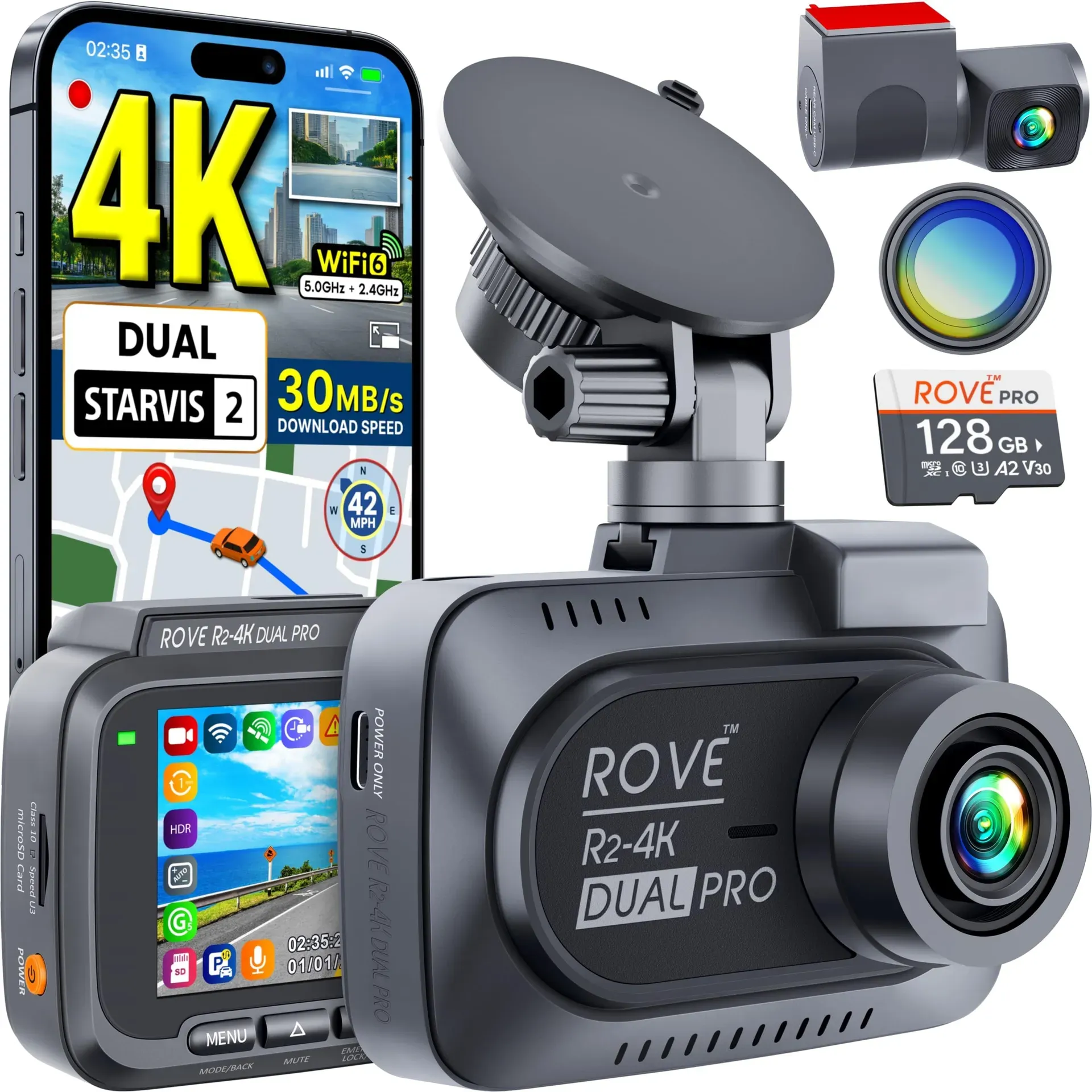 ROVE R2-4K Dual PRO dual camera setup with free SD card and CPL filter bundle