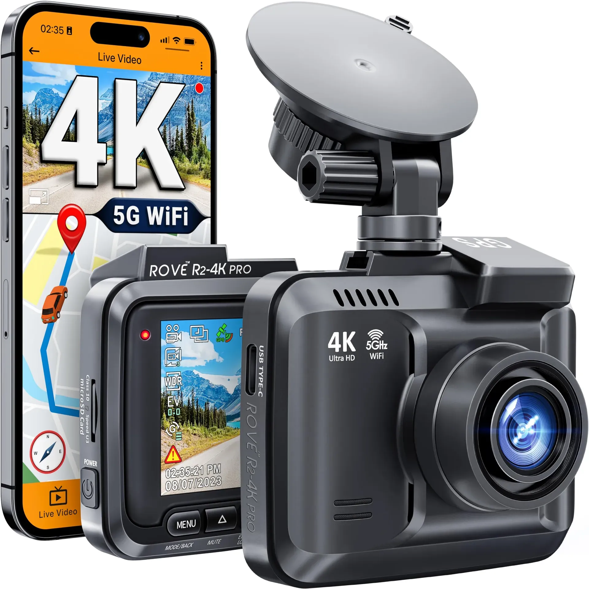 ROVE R2-4K PRO dash cam LCD display showing GPS speed and compass overlay