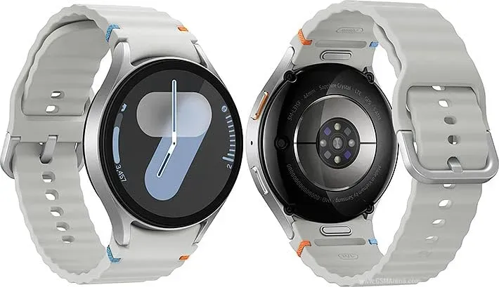 Samsung Galaxy Watch 7 44mm with round display showing BioActive sensor data on black strap