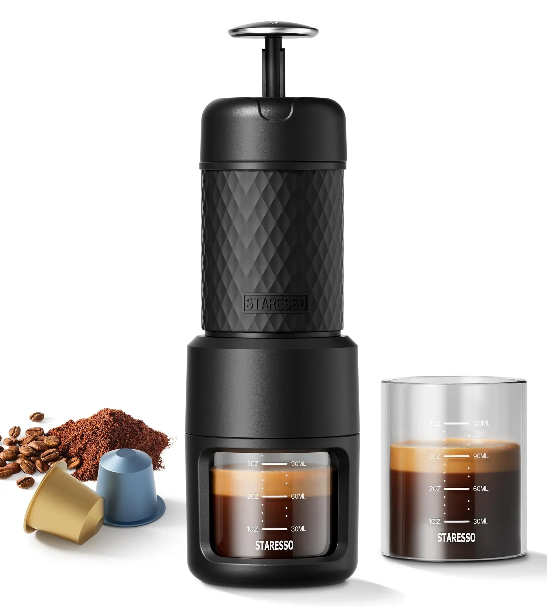 STARESSO Classic 2-in-1 portable espresso maker compatible with capsules and ground coffee