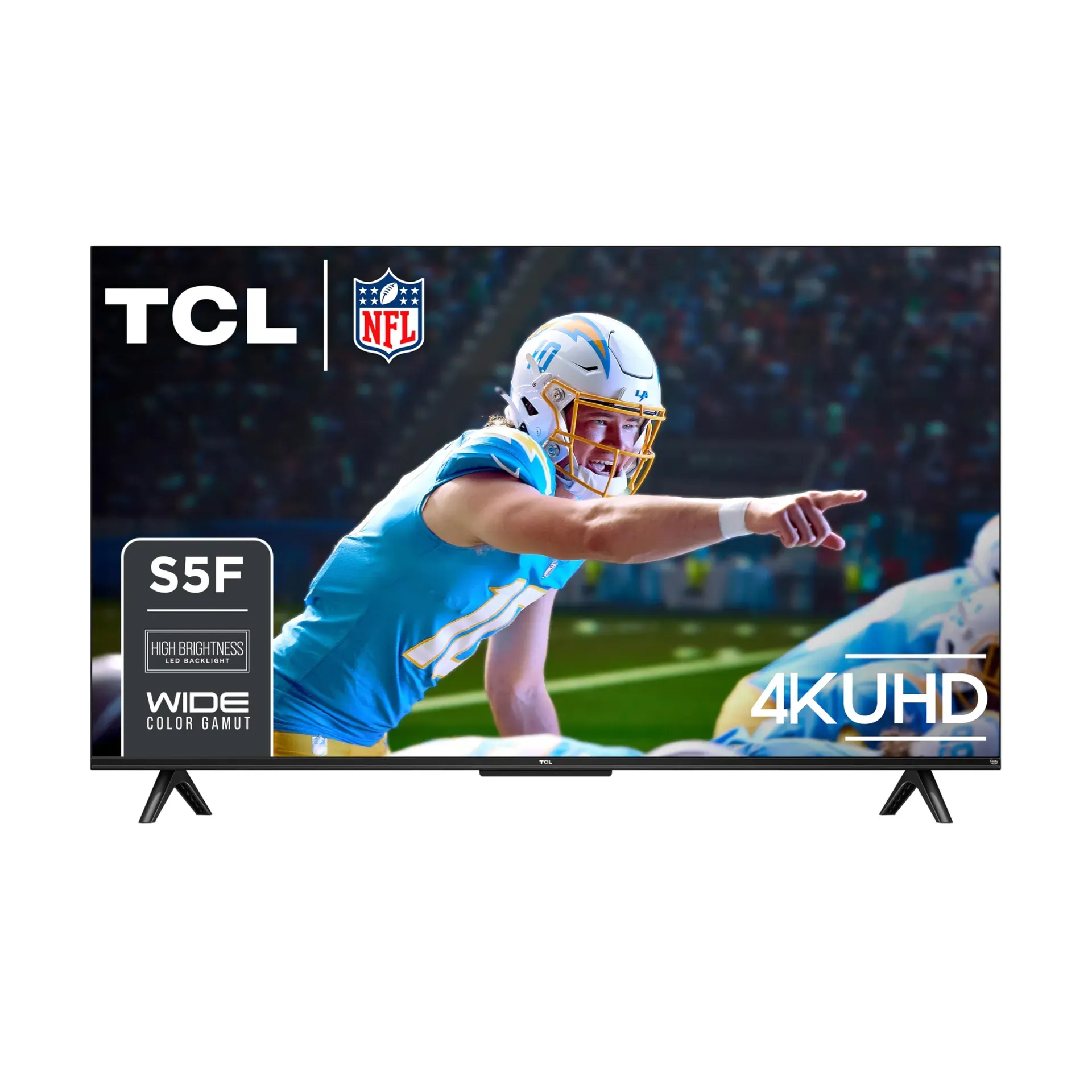TCL Fire TV 43-inch S5 on a modern entertainment stand displaying 4K HDR content