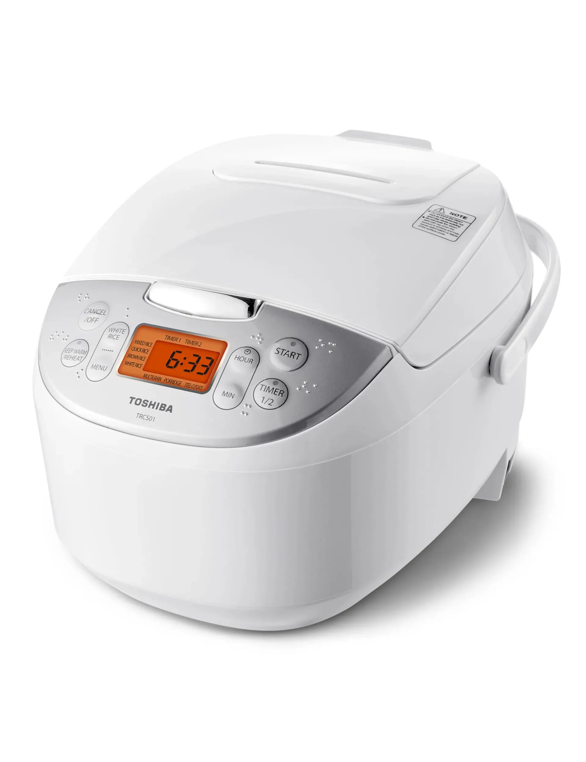 Toshiba TRCS01 fuzzy logic rice cooker with digital display showing cooking functions