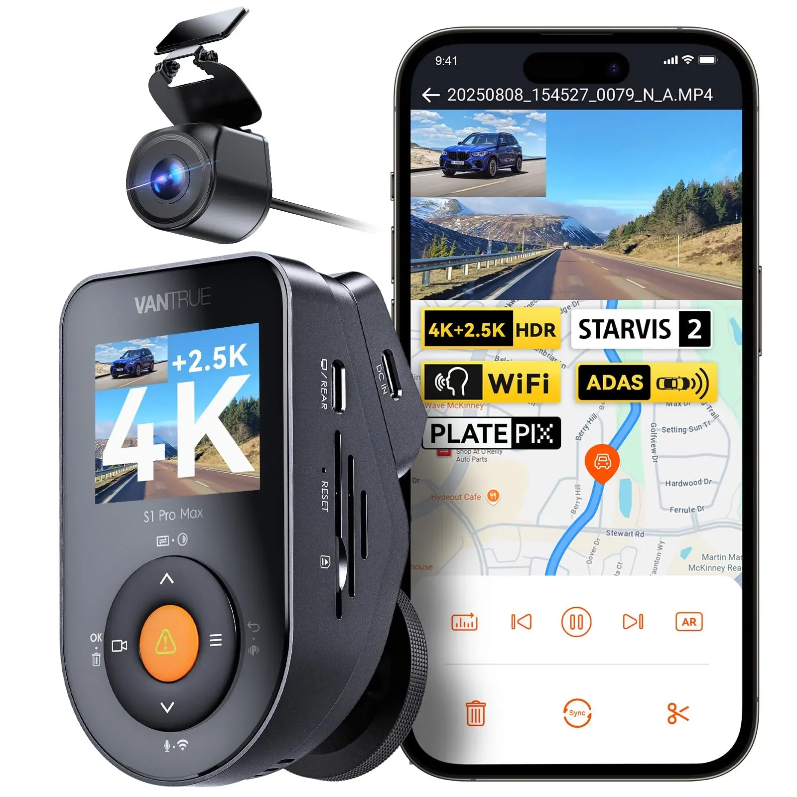 Vantrue S1 Pro Max dual camera system with weatherproof rear unit mounted on vehicle