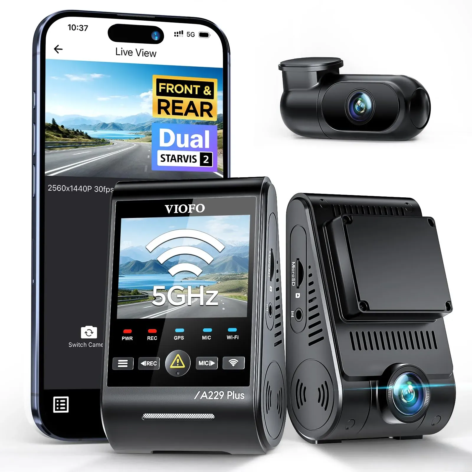 VIOFO A229 Plus dual camera system front and rear units with compact design