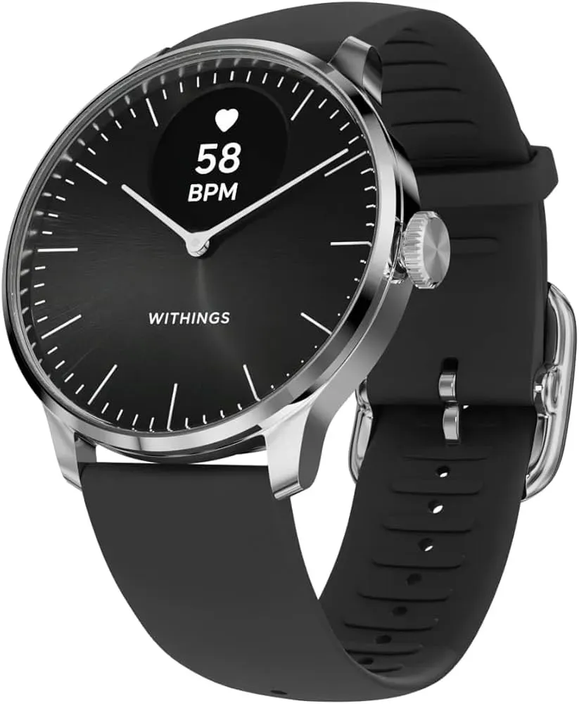 Withings ScanWatch Light hybrid smartwatch with classic analog white dial and silver case on leather strap