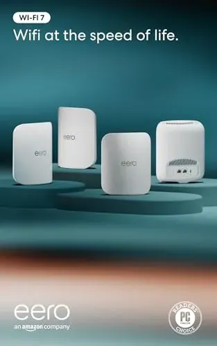 Amazon eero Pro 7 tri-band mesh Wi-Fi 7 router on modern desk with strong signal indicator