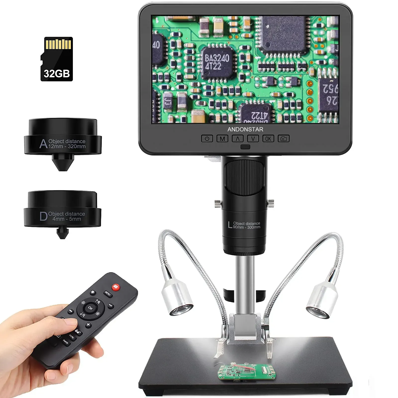 Andonstar AD246S-M HDMI digital microscope with 3-lens system and professional boom arm stand