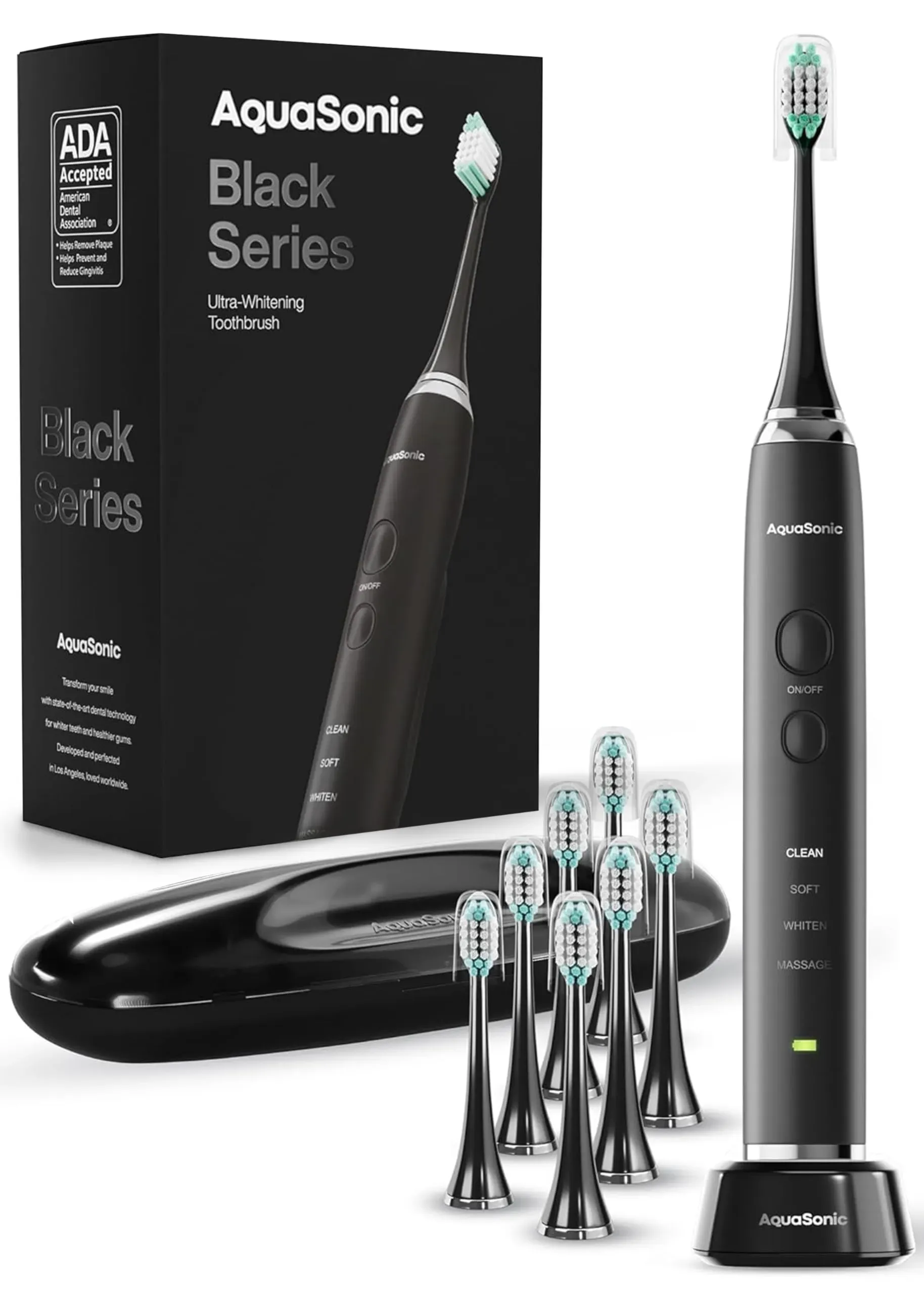 AquaSonic Black Series ultra whitening electric toothbrush with eight DuPont brush heads and wireless charging base