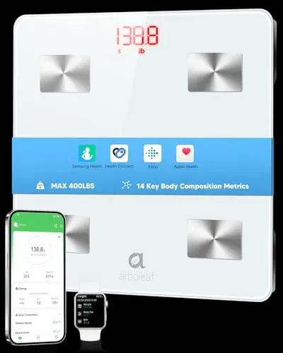 Arboleaf 8-electrode smart scale displaying weight on tempered glass surface in modern bathroom