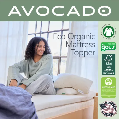 Avocado Eco-Organic Latex Mattress Topper with organic cotton cover on bed