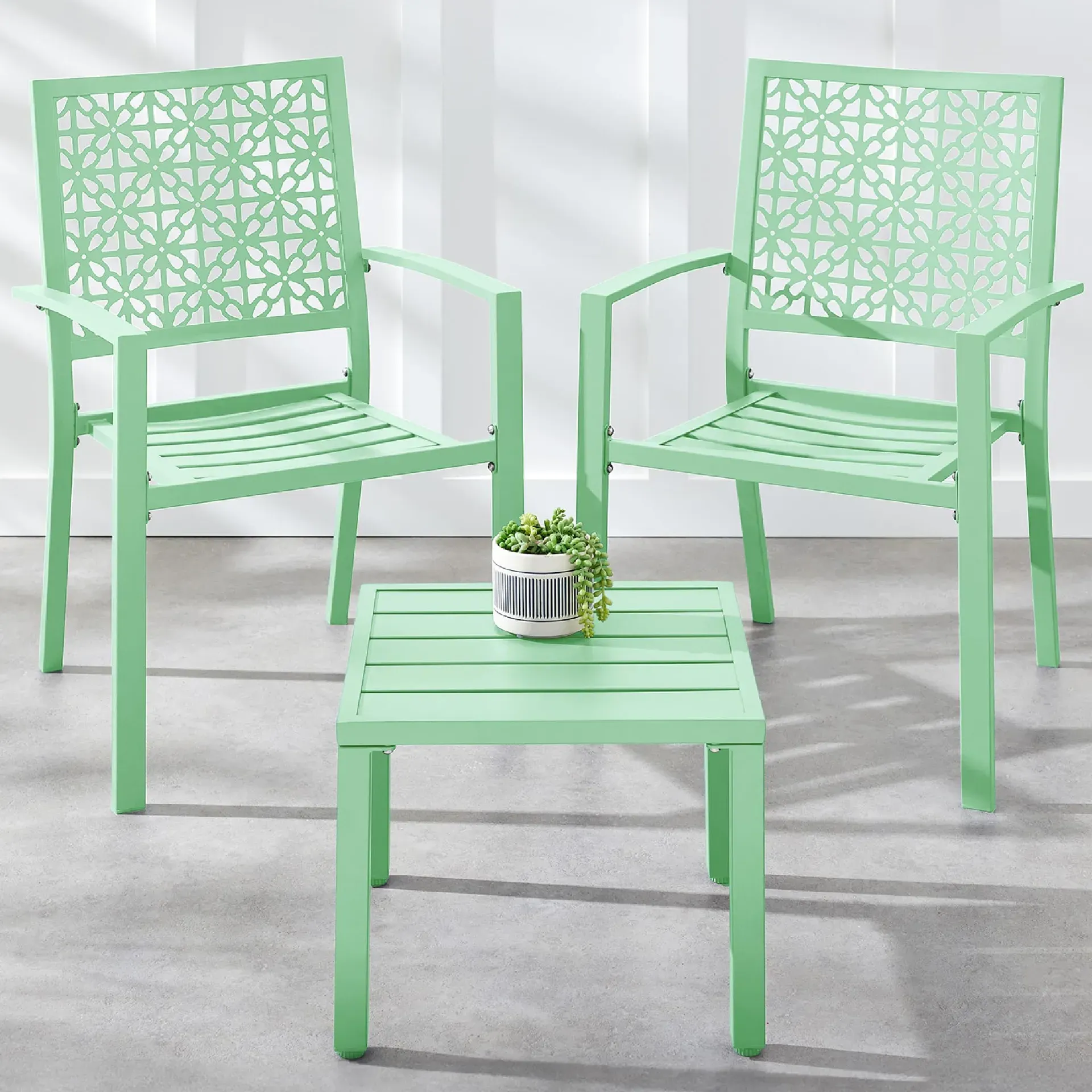 BCP 3-piece outdoor bistro set with art-deco style steel chairs and matching side table on a patio