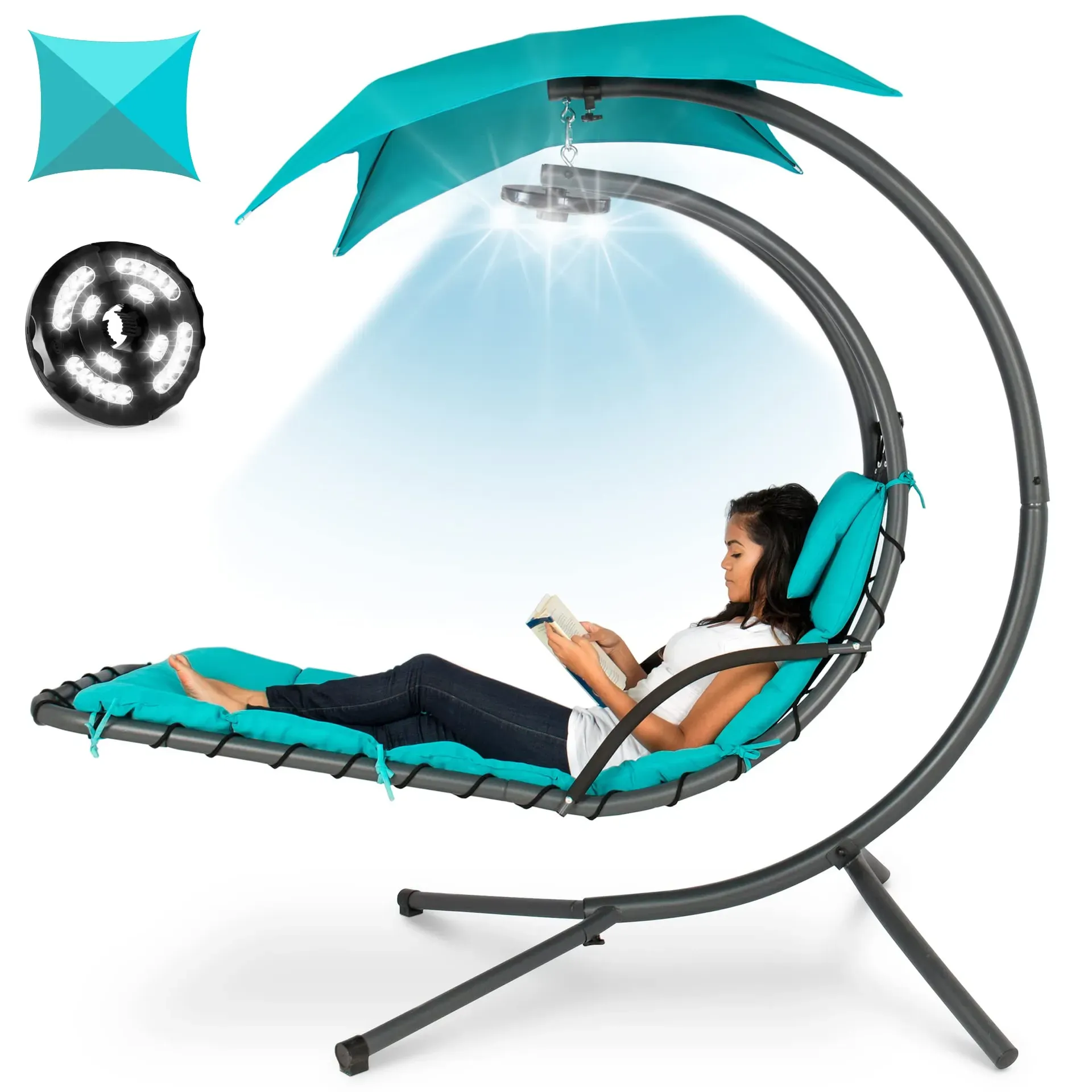 Best Choice Products hanging LED curved chaise lounge chair swing on a covered porch