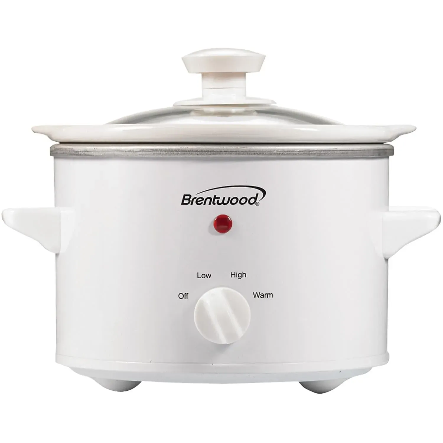 Brentwood SC-115W 1.5 quart white slow cooker with glass lid on kitchen counter