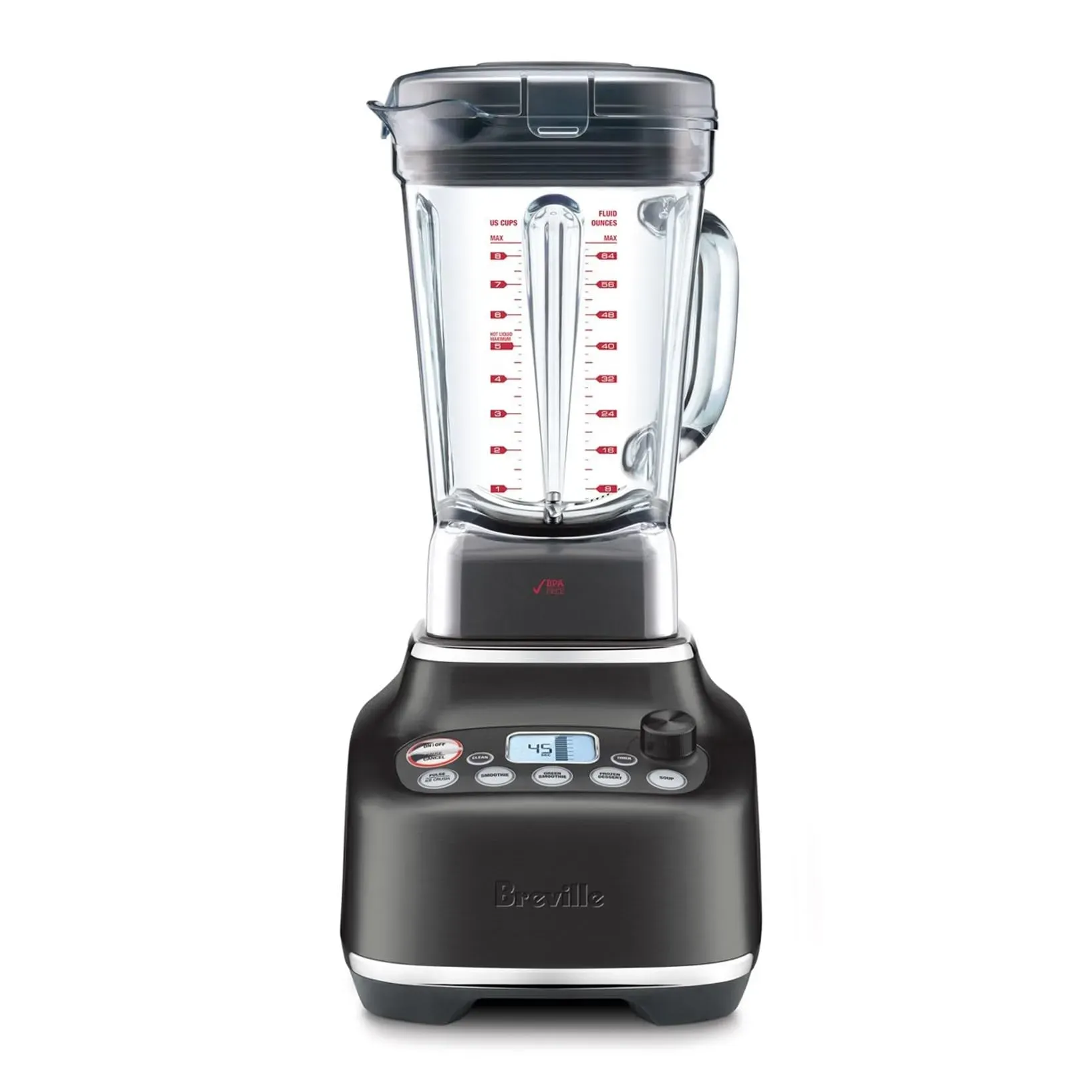 Breville Super Q premium blender in black stainless steel with 68-ounce blending jug on kitchen counter