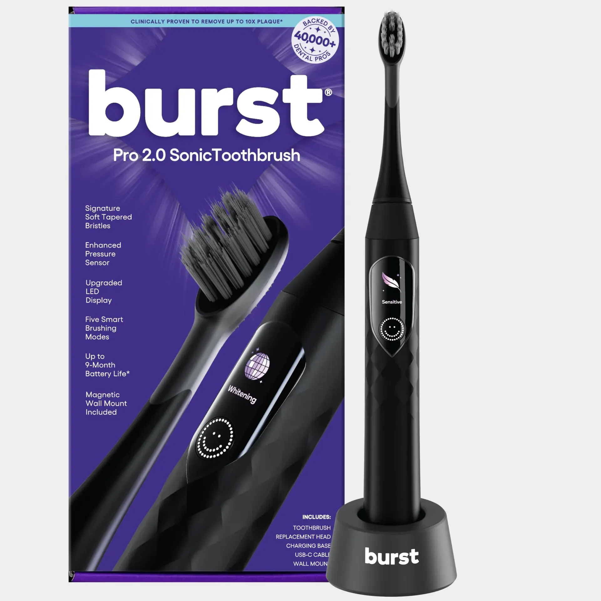 Burst Pro 2.0 sonic toothbrush mounted on bathroom wall with LED display showing battery level
