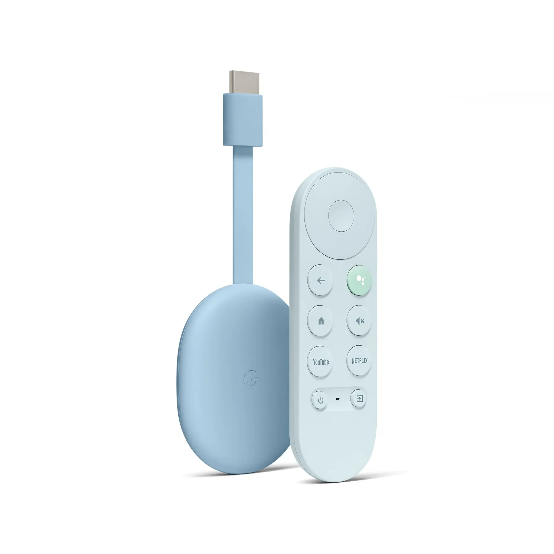 Chromecast with Google TV 4K and voice remote on white background