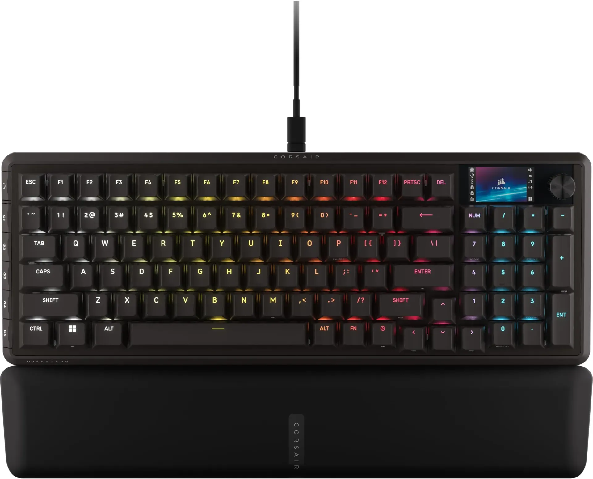 Corsair Vanguard PRO 96 wired Hall Effect gaming keyboard with LCD screen, rotary dial, and programmable G-keys