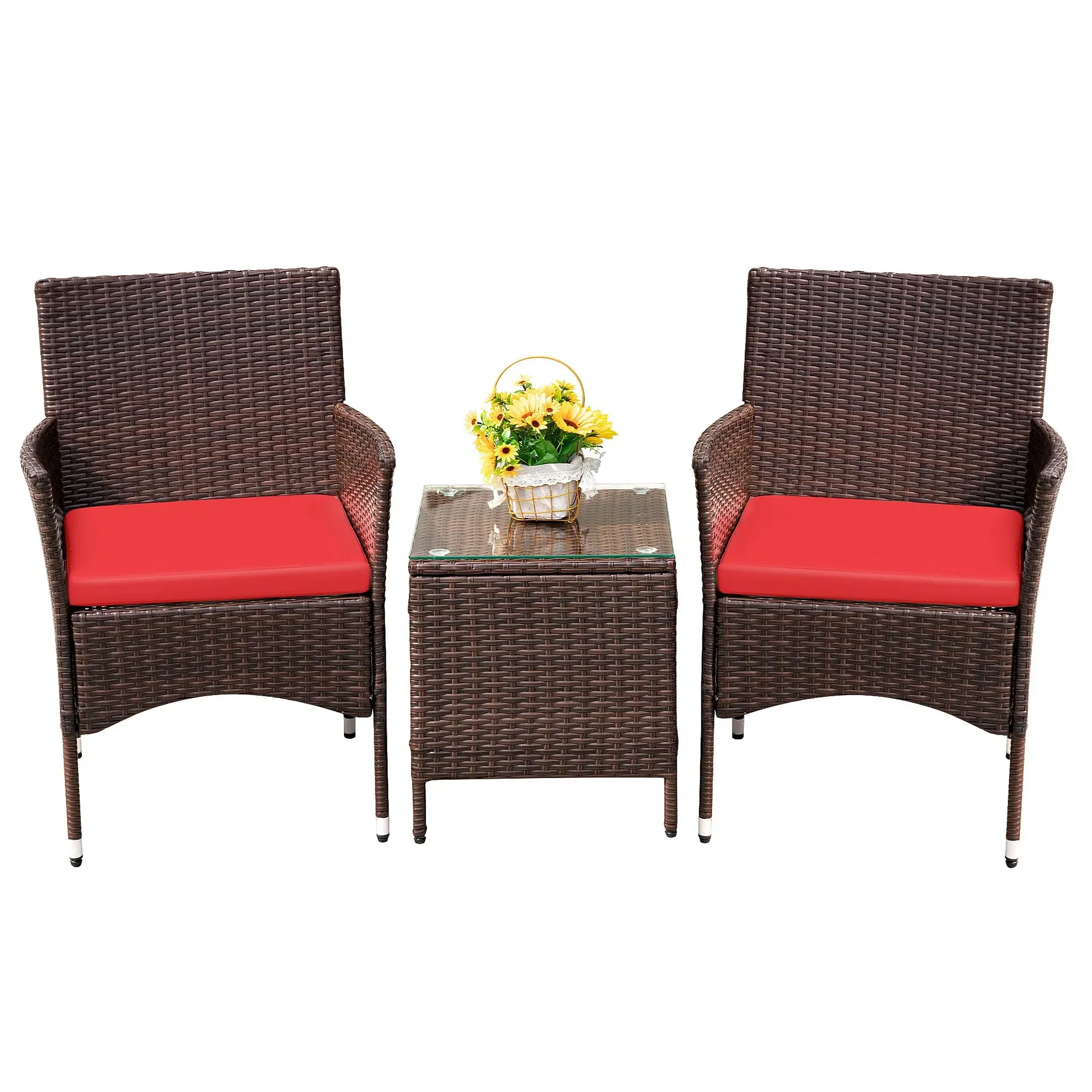 Devoko 3-piece PE rattan patio furniture set with brown wicker chairs and tempered glass coffee table
