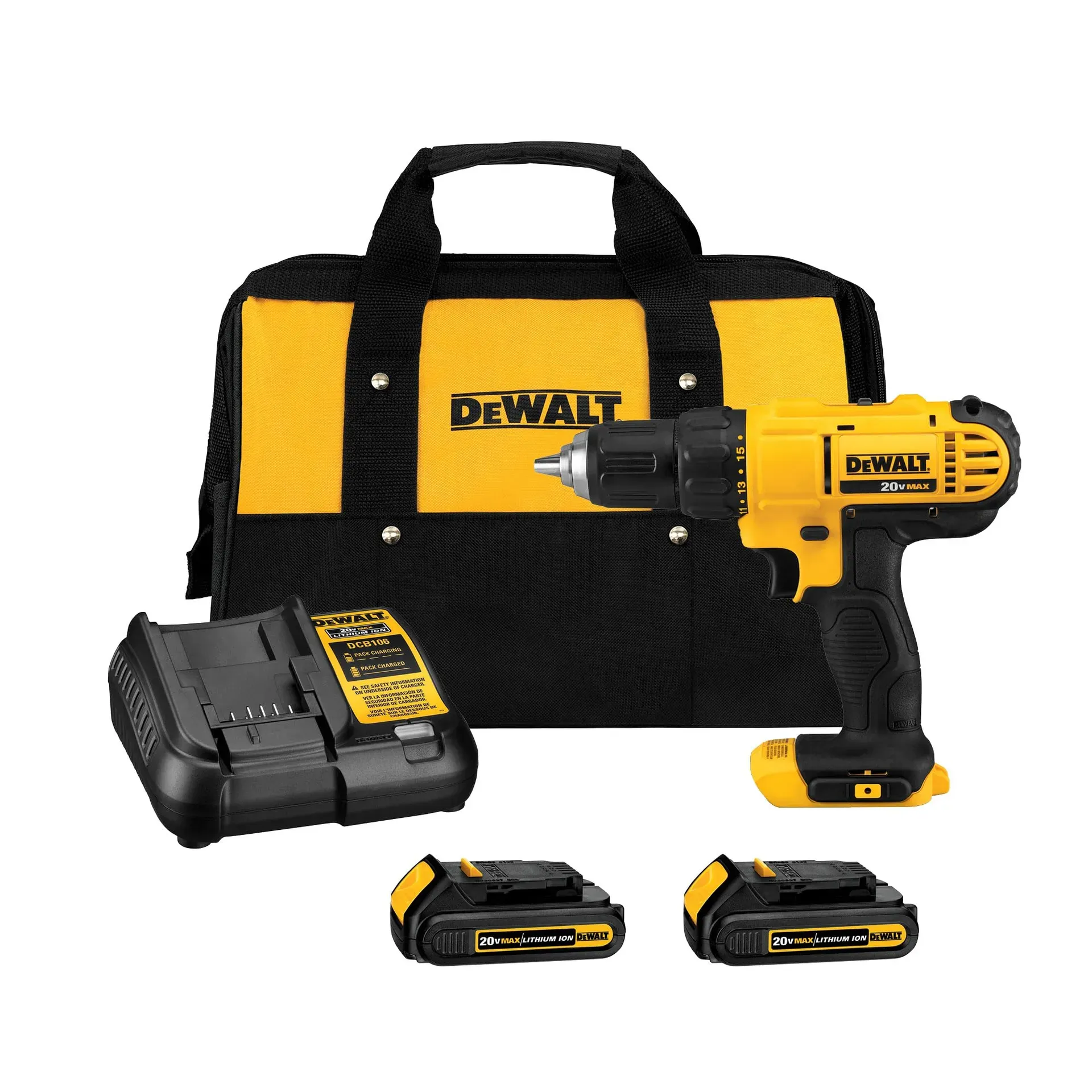DEWALT 20V MAX cordless drill driver set with two batteries