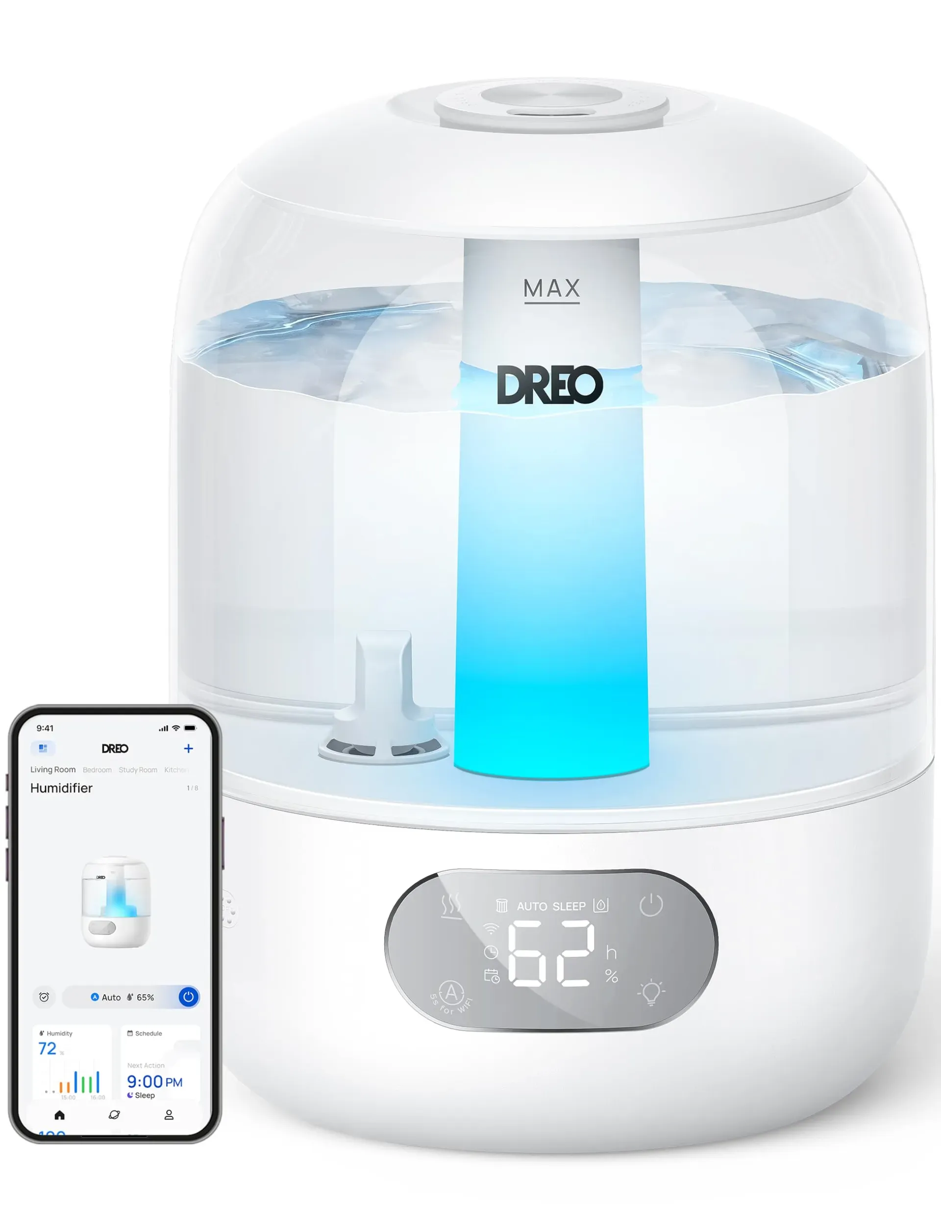 DREO 306S smart humidifier with top-fill design and ambient lighting on bedroom nightstand