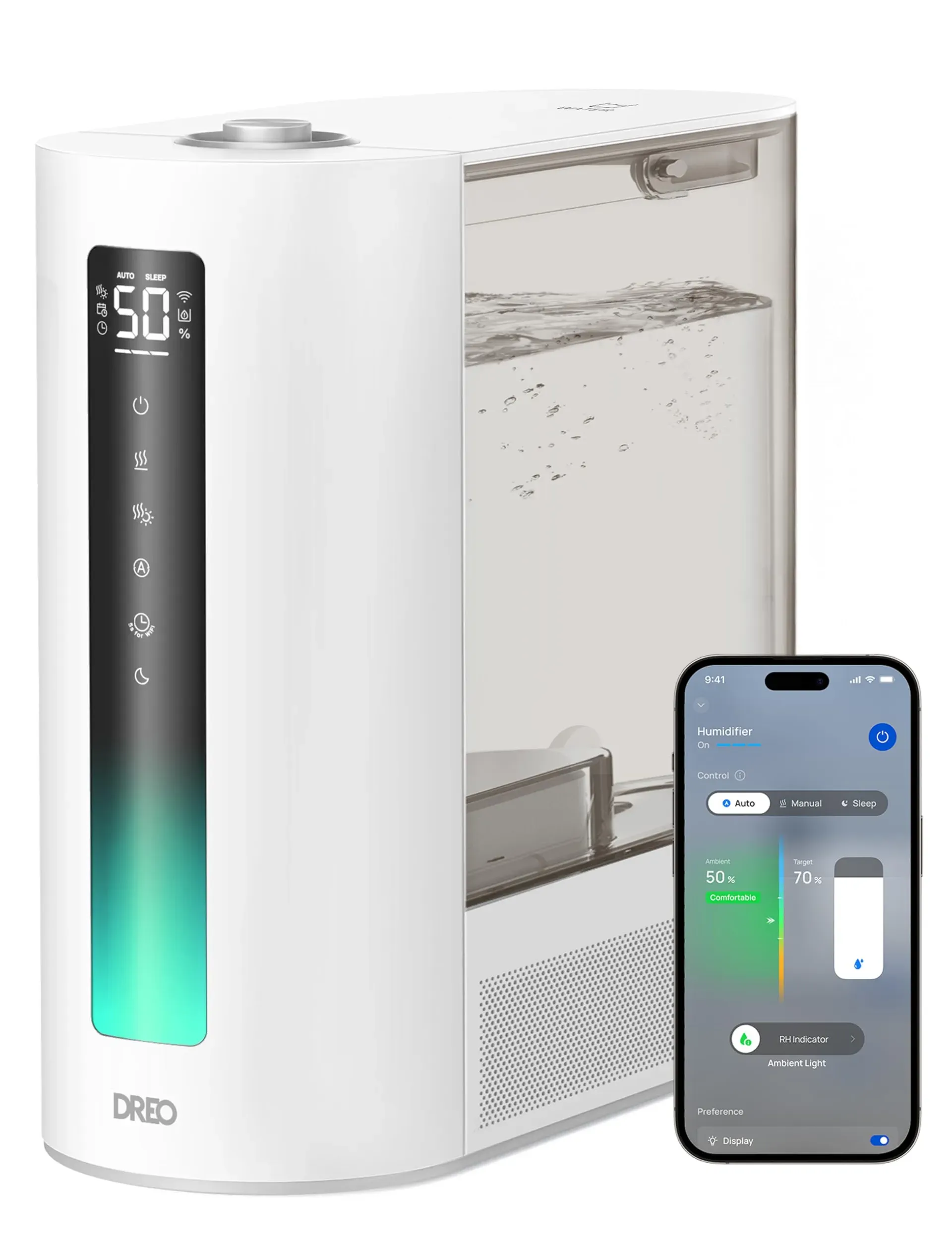 DREO HM713S smart warm and cool mist humidifier with 6-liter tank on bedroom dresser
